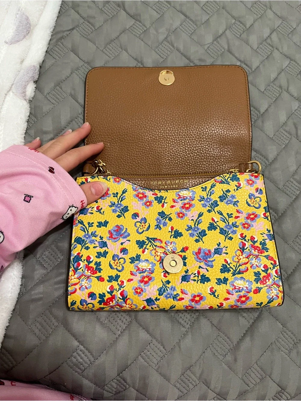 Tory Burch Yellow Floral Leather Crossbody with Gold Logo